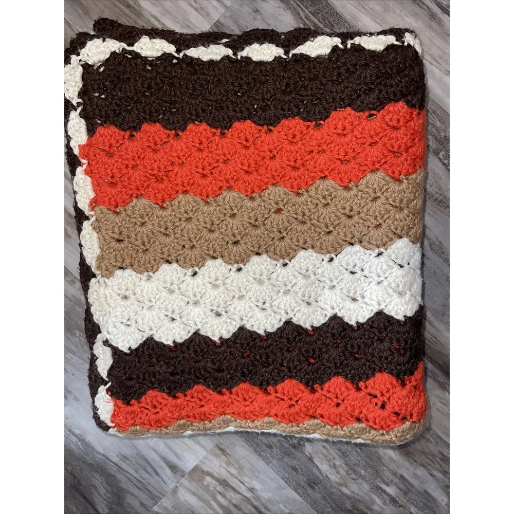 Vintage MCM Retro Fall Afghan Blanket Zig Zag Chevron Brown Orange White Throw